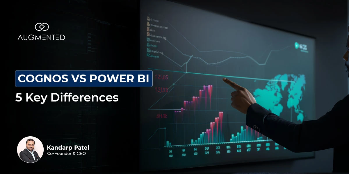 Comparison of Cognos and Power BI showing key differences in pricing, deployment, AI capabilities, and reporting style